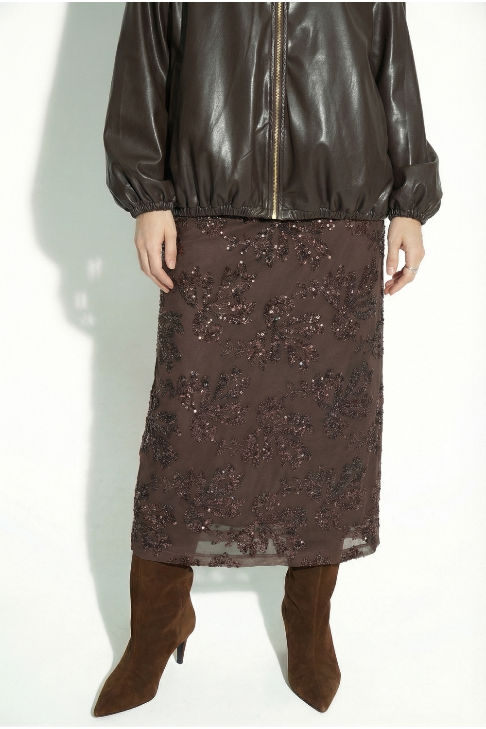 Chocoladebruine maxi-rok met pailletten, gemaakt in Italië