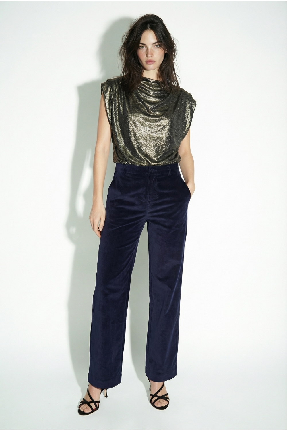 Anja Smoking-broek van velours in marineblauw, vervaardigd in Italië