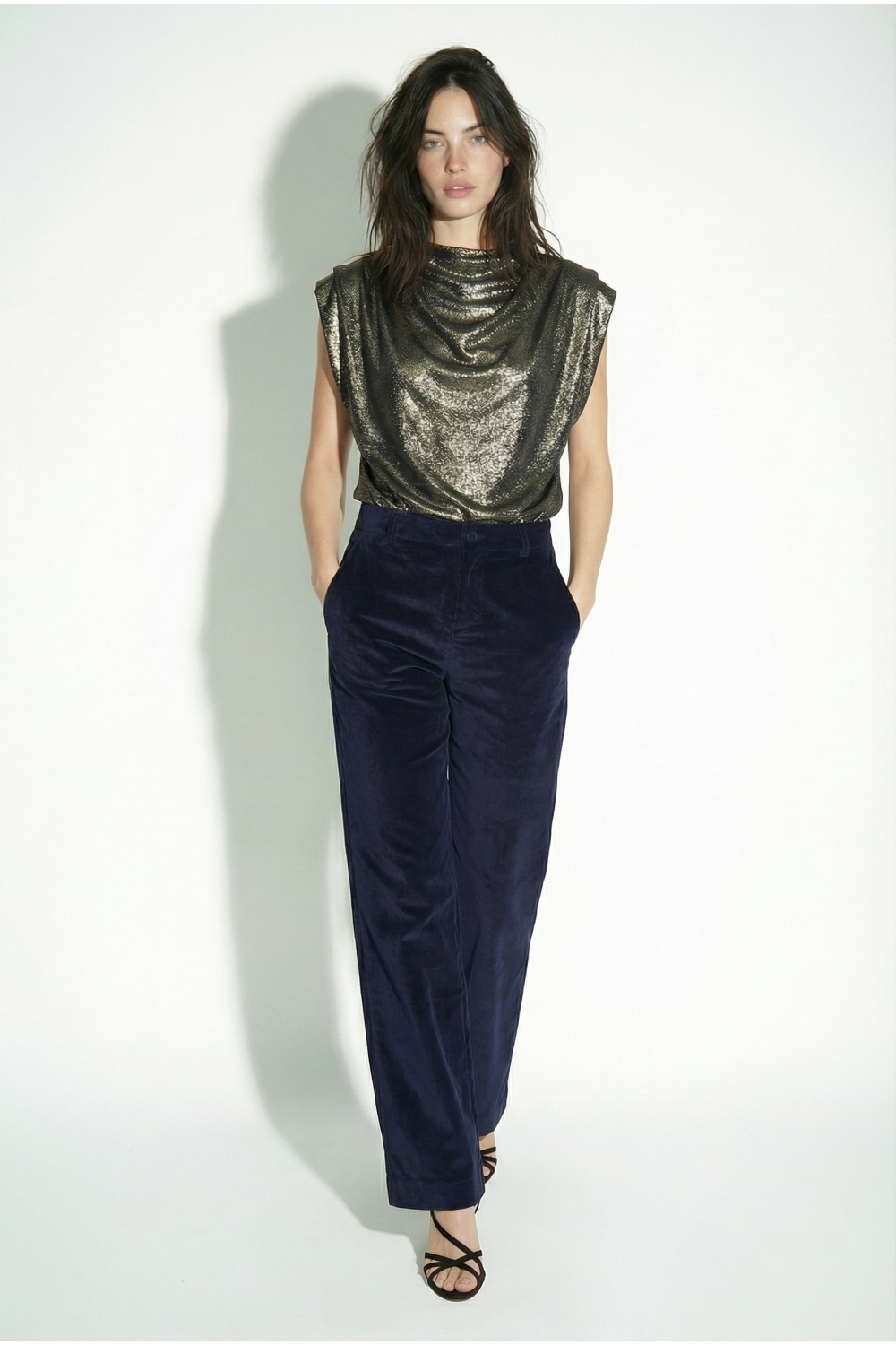 Anja Smoking-broek van velours in marineblauw, vervaardigd in Italië