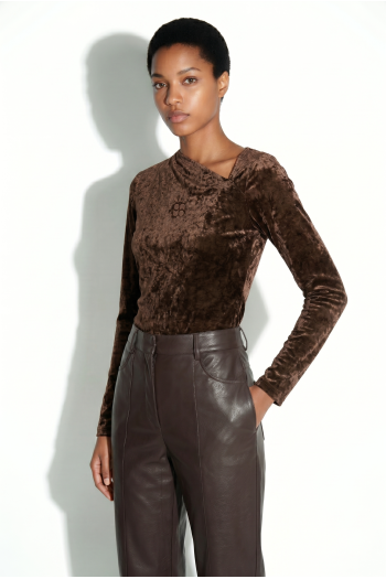 Lyra-blouse van fluweel, Alvaere, chocoladebruin, vervaardigd in Italië