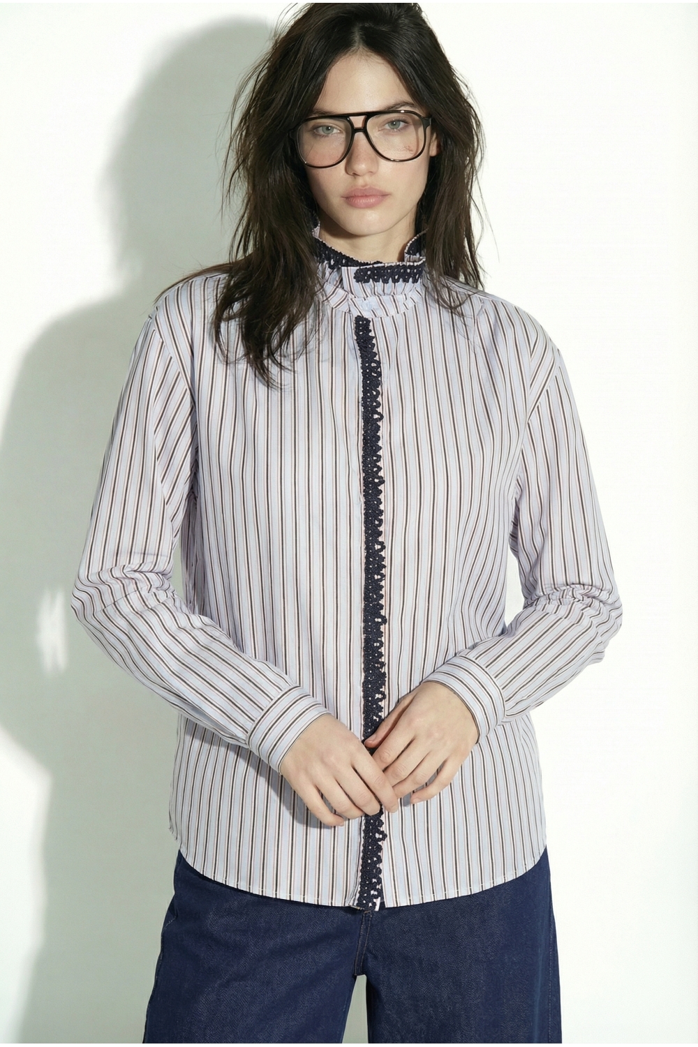 Chemise Malia Rayures et broderie en velour light blue fabriqué en Italie