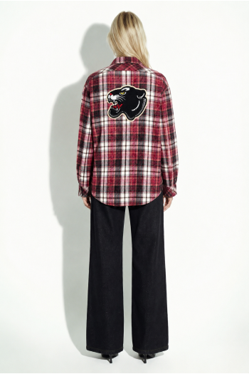 Chemise Harper used à carreaux bordeaux avec broderie panthère fabriquée en Italie.