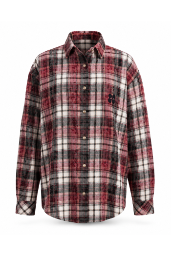 Chemise Harper used à carreaux bordeaux avec broderie panthère fabriquée en Italie.